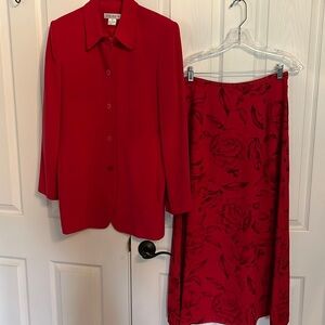 Chaus red rayon  suededsilky suit jacket & red/black floral maxi both sz8